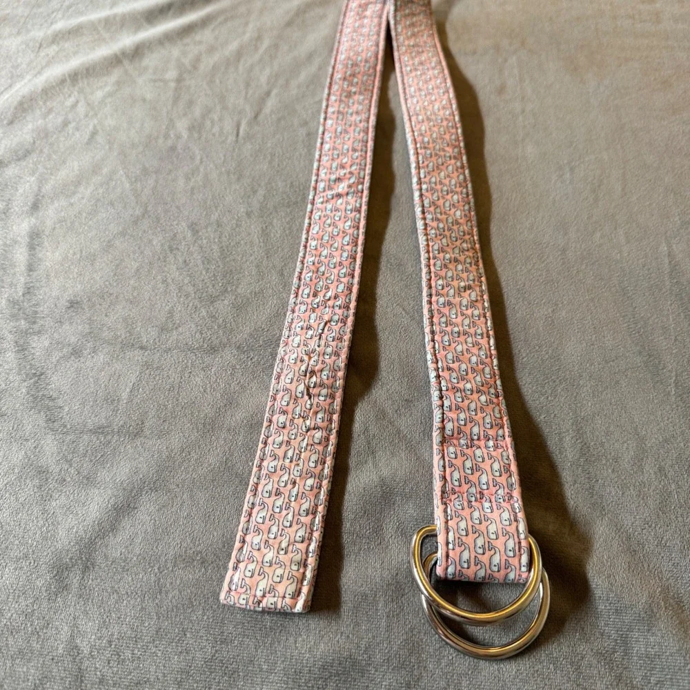 Vineyard Vines Mens Belt L Pink Whale Print D-Ring Cotton Preppy Coastal Unisex